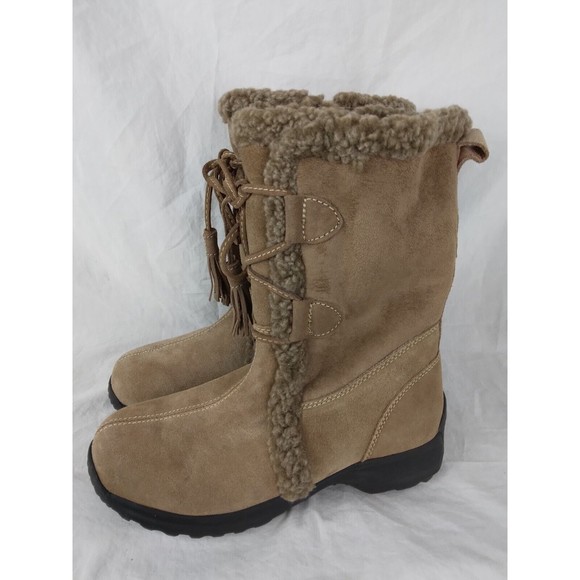 Lands' End Tan Suede Leather Boots Fleece Lining Zip Up Mid Calf Womens Size 7B - Picture 3 of 8